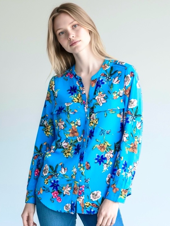 CALVIN KLEIN Tops - Calvin Klein Georgette Floral Blouse Roll-Sleeves Pockets Long Sleeve Blue